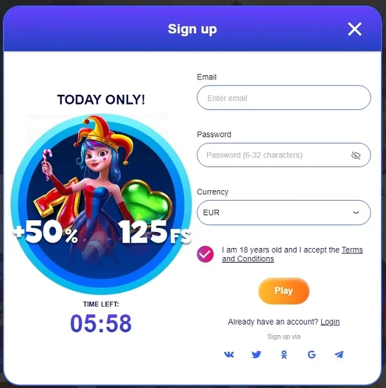 Registration at Sweety Win casino online
